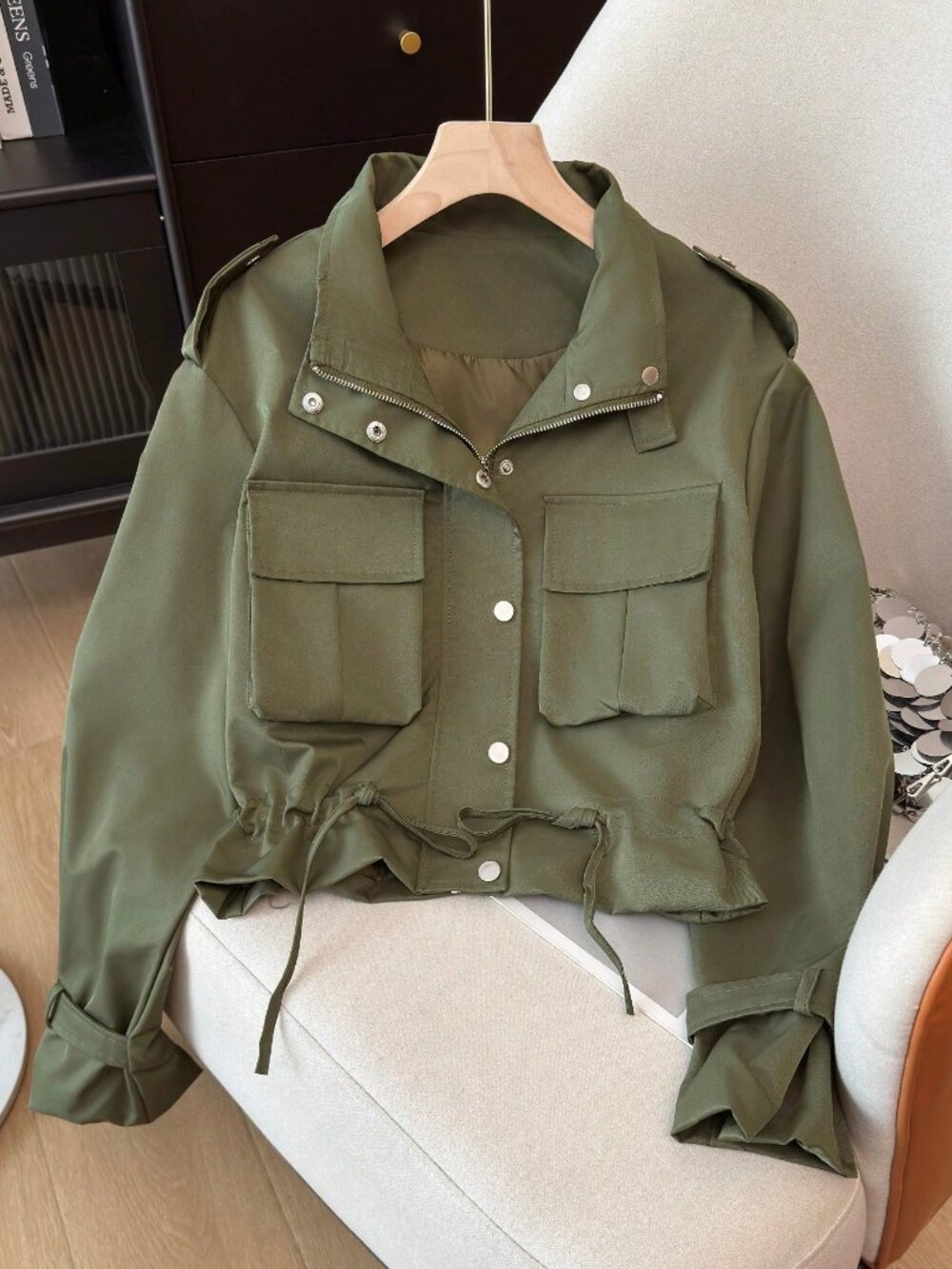 Army Green  Women's Casual Multi-Pocket Funnel Neck Utility jacket